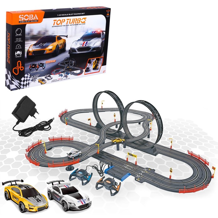 

Автотрек TOP TURBO, с 2 машинами 1:43, длина 790 см, работает от сети, Разноцветный