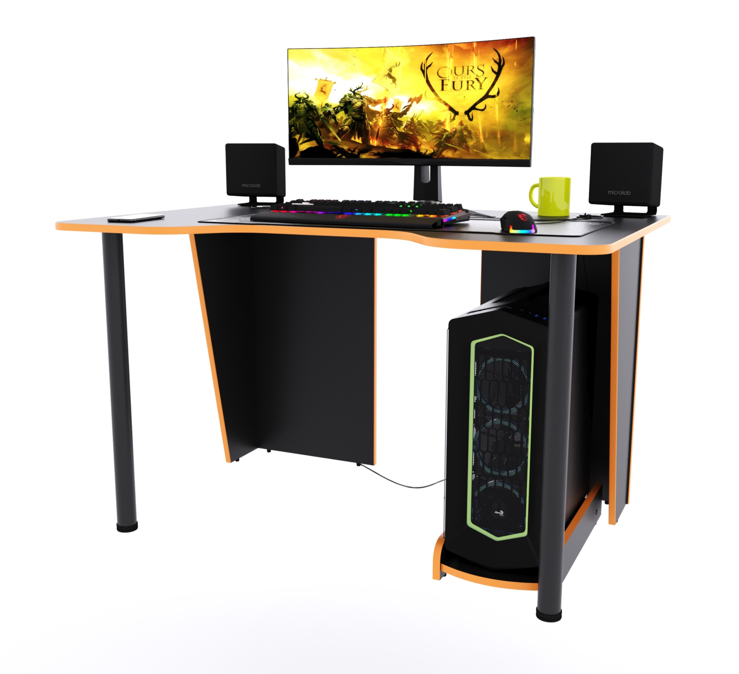 фото Игровой компьютерный стол "лакер" c подставкой для пк, чёрный с оранжевой кромкой stalkermebel