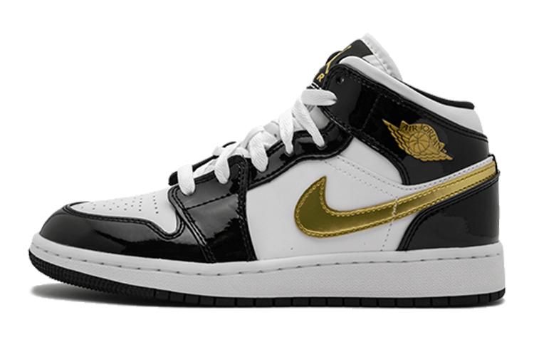 

Кеды унисекс Jordan Air Jordan 1 Mid Patent Black White Gold GS разноцветные 36.5 EU, Разноцветный, Air Jordan 1 Mid Patent Black White Gold GS