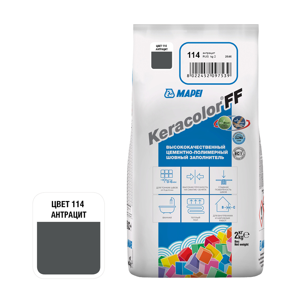 Затирка цементная Mapei Keracolor FF 114 антрацит 2 кг затирка ceresit ce 40 аквастатик антрацит 13