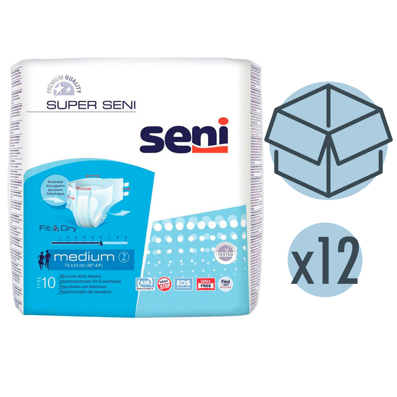 Подгузники для взрослых Seni Super, 75-110 см, M, 10 шт, 12 упаковок