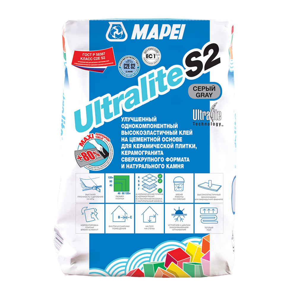 Клей для плитки, керамогранита сверхкрупного формата Mapei Ultralite S2 серый C2ES2 15 кг