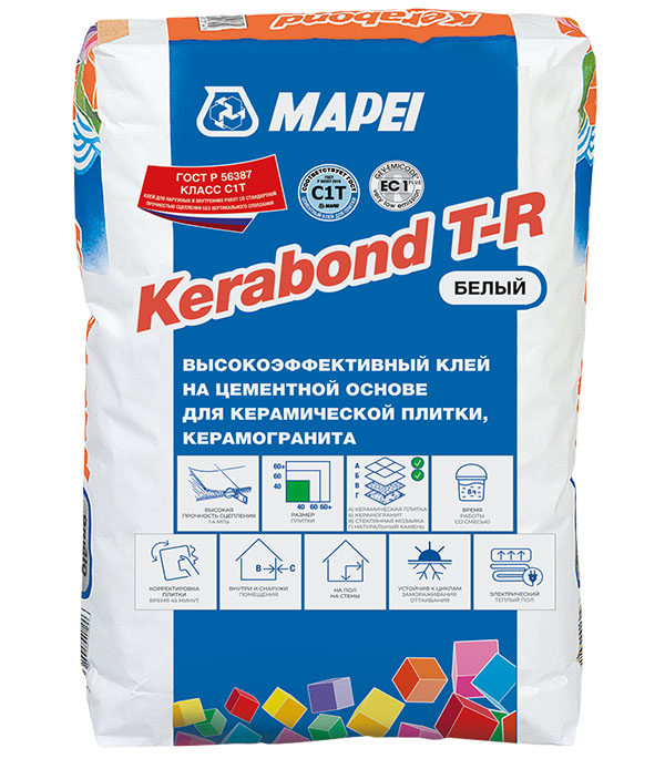 фото Клей для плитки/ керамогранита/ мозаики mapei kerabond t-r белый (класс с1) 25 кг