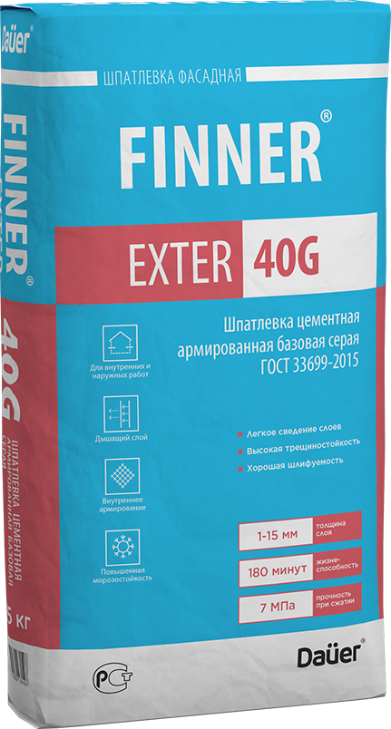 фото Finner® exter 40 g, шпатлевка цементная армированная базовая серая 25 кг, гост 33699-2015 dauer
