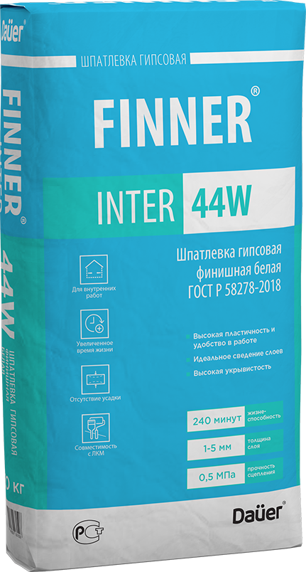 

FINNER® INTER 44 W, Шпатлевка гипсовая финишная белая 20 кг, ГОСТ Р 58278-2018