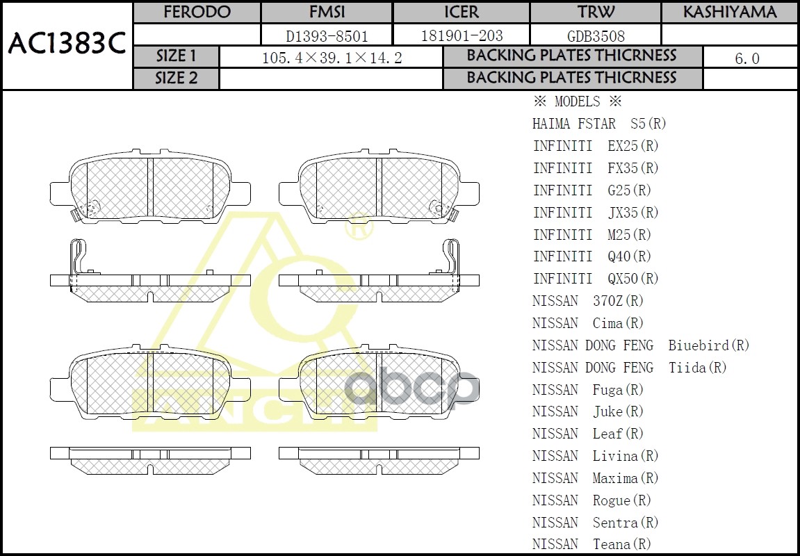 

Тормозные колодки ANCHI задние дисковые AC1383C