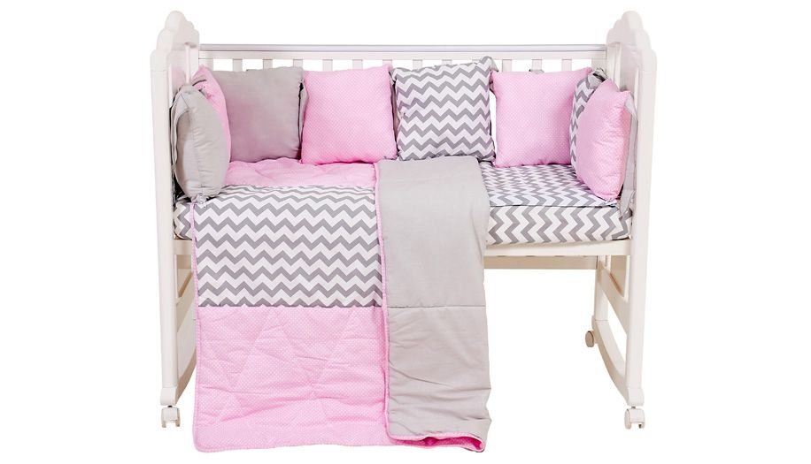 Комплект в кроватку Polini kids Зигзаг 5 предметов, 120х60, серо-розовый комплект в кроватку polini kids зигзаг 5 предметов 120х60 см