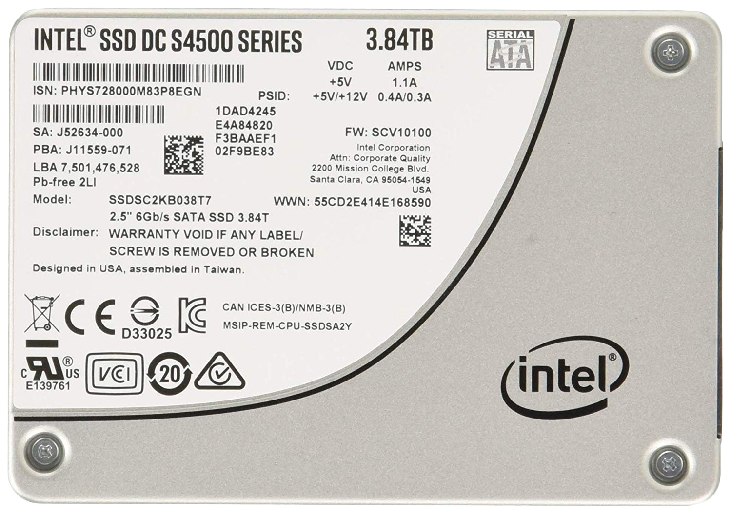 

SSD диск Intel S4500 3,84ТБ (SSDSC2KB038T701), S4500