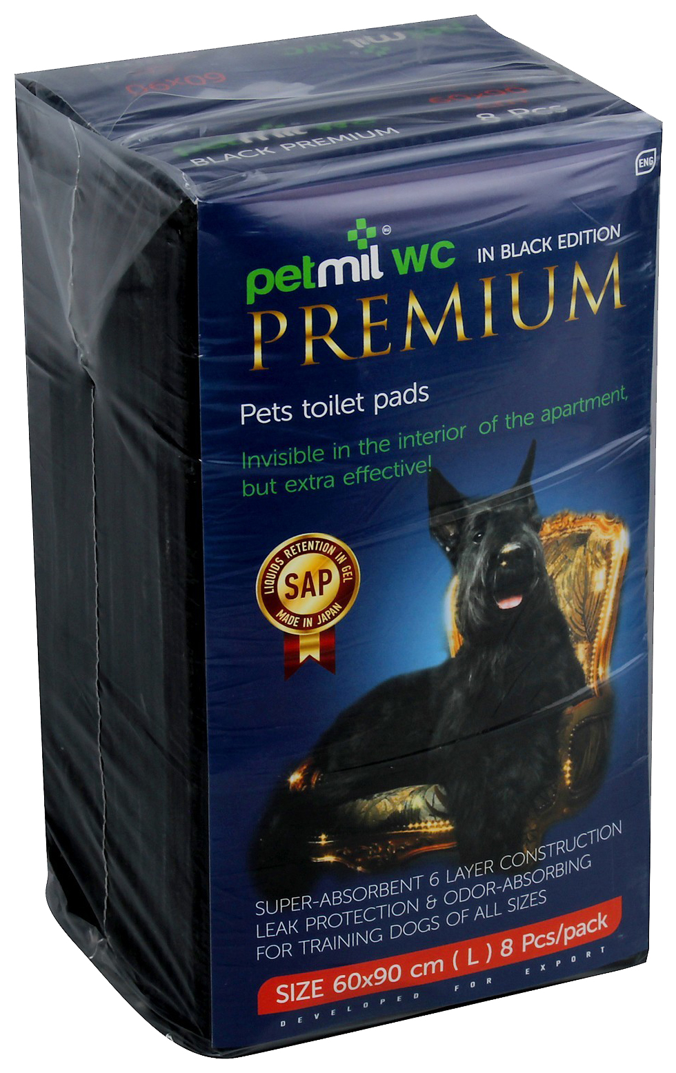 

Пеленки для кошек и собак одноразовые Petmil Premium Black, 90 x 60 см, 8 шт, Черный, Premium Black