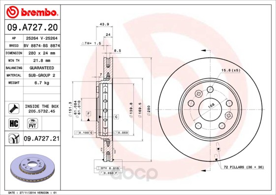 фото Тормозной диск brembo задний для 09a72721