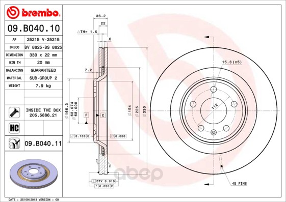 

Тормозной диск brembo задний для Audi Q5 2009- 09B04011