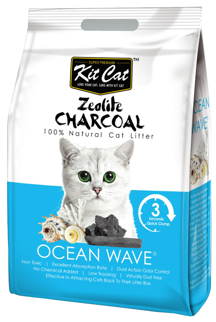 фото Комкующийся наполнитель туалета для кошек kit cat zeolite charcoal ocean wave 4 кг