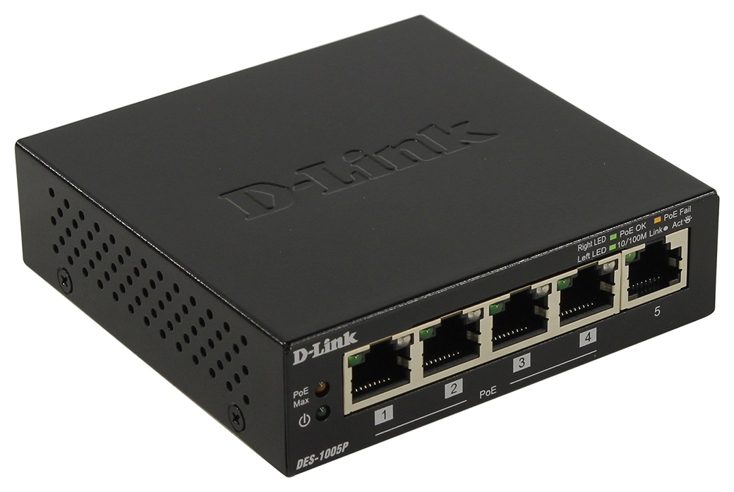 

Коммутатор D-Link DES-1005P/B1A Black, DES-1005P