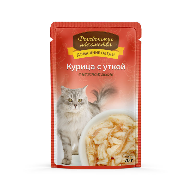 

Влажный корм для кошек Деревенские лакомства, с курицей и уткой в желе, 5 шт по 70г, Домашние обеды