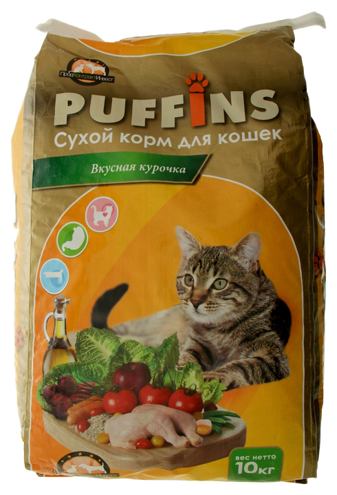 фото Сухой корм для кошек puffins, вкусная курочка, 10кг