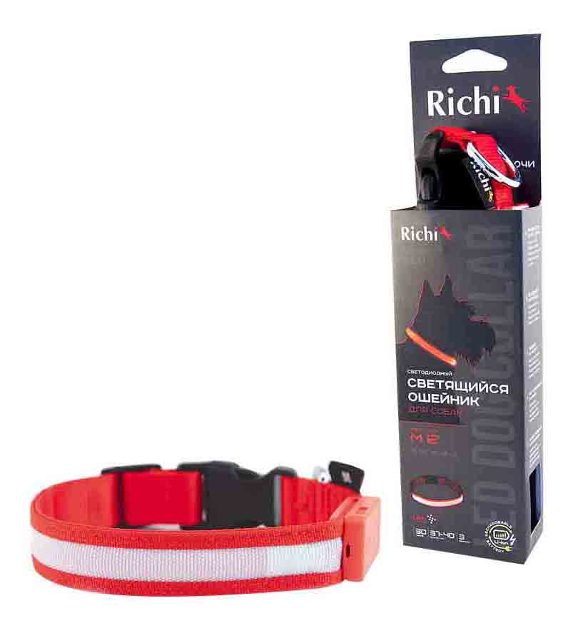 Ошейник для собак RICHI со светящейся лентой, красный, длина 37-40 см