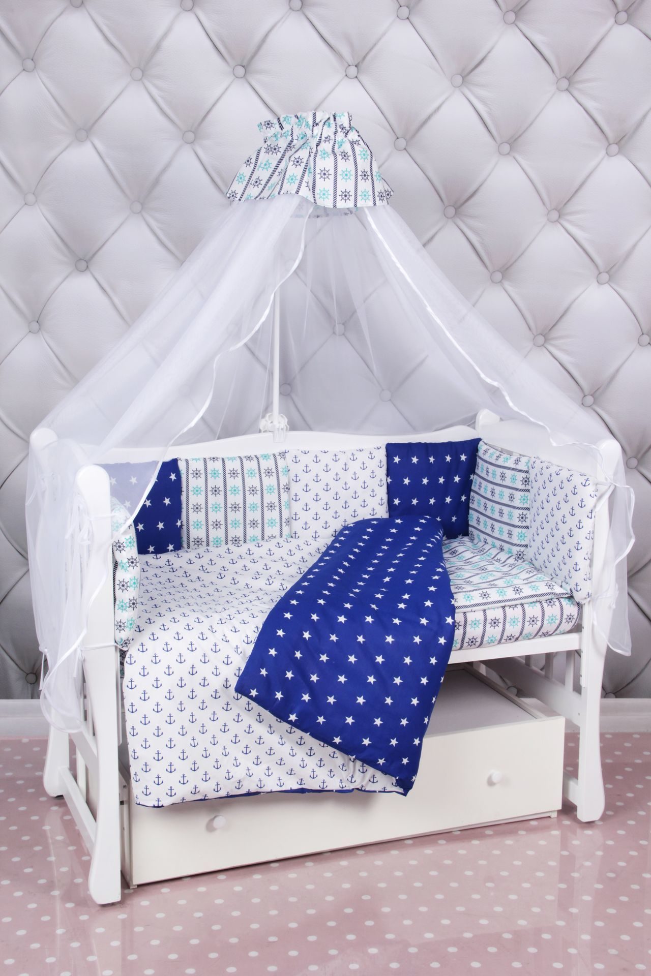 

Комплект Premium в кроватку 18 предметов AmaroBaby БРИЗ (бязь, синий/белый)