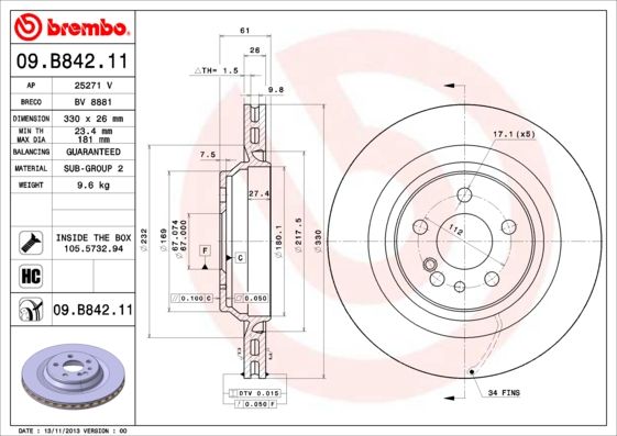 фото Тормозной диск brembo 09.b842.11