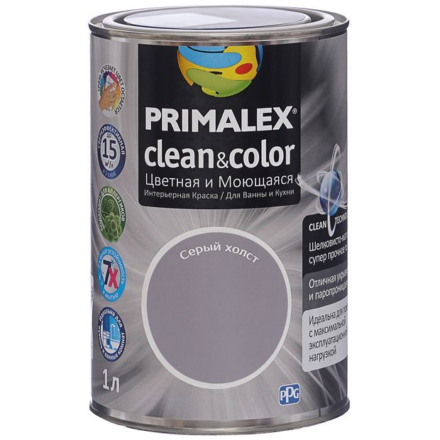

Краска Primalex Clean&Color, серый холст, 1 л, Clean&Color
