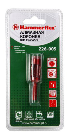 

Алмазная коронка по керамограниту/стеклу Hammer Flex 226-005 (58968), DHS 15,0*60/5