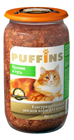 Консервы для кошек Puffins, кусочки в паштете с кроликом и гусем, 650г