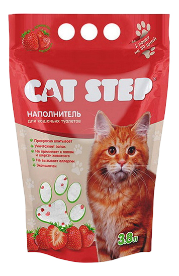 фото Впитывающий наполнитель для кошек cat step силикагелевый, клубника, 1.67 кг, 3.8 л