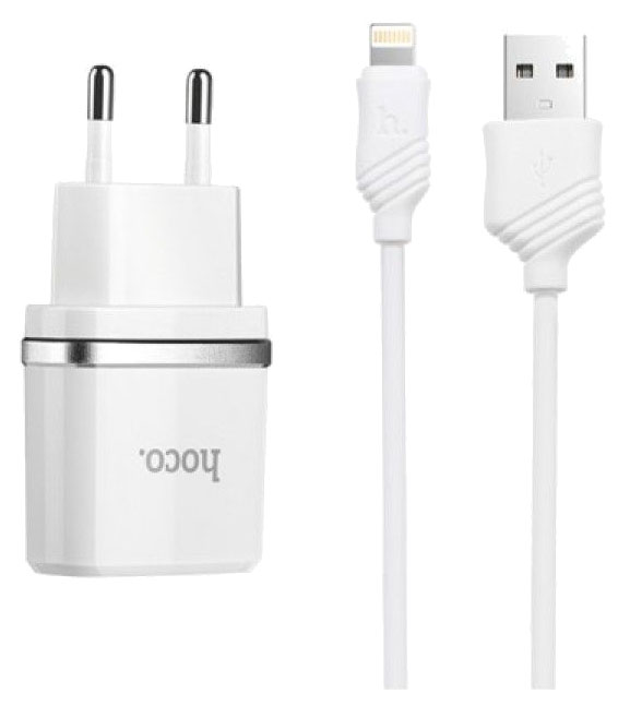 фото Сетевое зарядное устройство hoco c12, 2xusb, lightning, 2,4 a, white