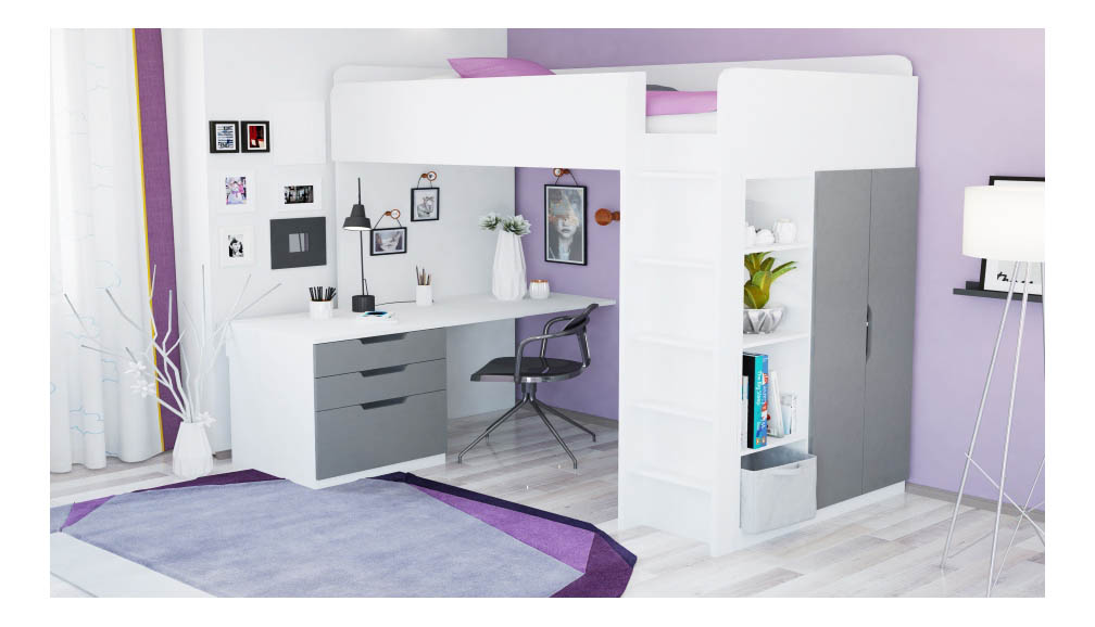 фото Кровать-чердак polini simple с письменным столом и шкафом, белый-серый