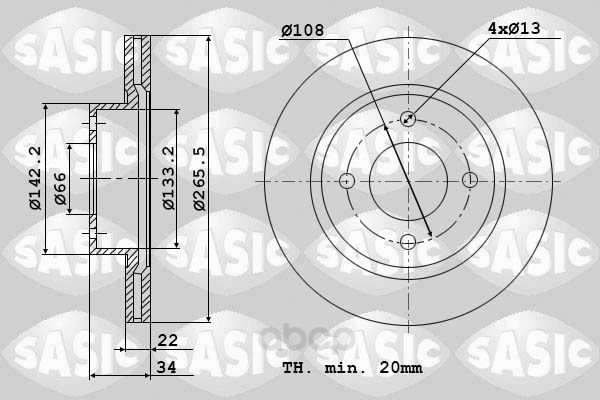 Тормозной диск SASIC для Citroen C3, C4, C5 03, Berlingo 96/Peugeot 206, 307 2464W14J