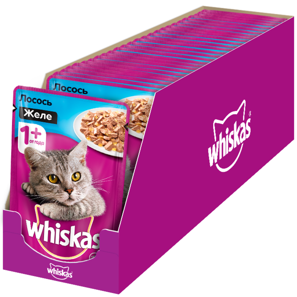 

Влажный корм для кошек Whiskas желе с лососем, 28 шт по 85г, лосось 85 г, 28 шт