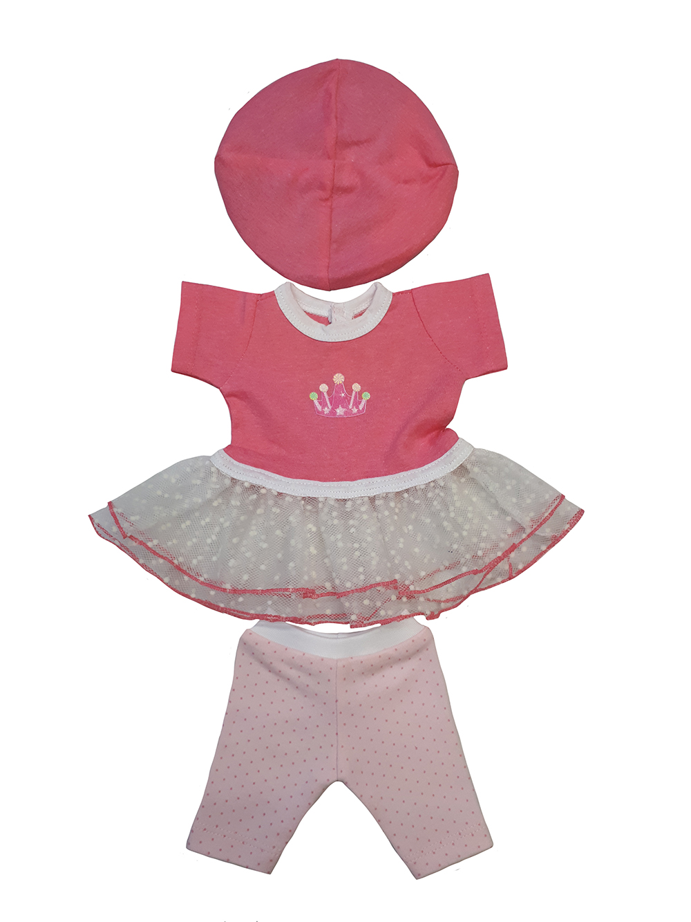 Платье с лосинами и беретом для куклы Колибри 113 розовое с белым
