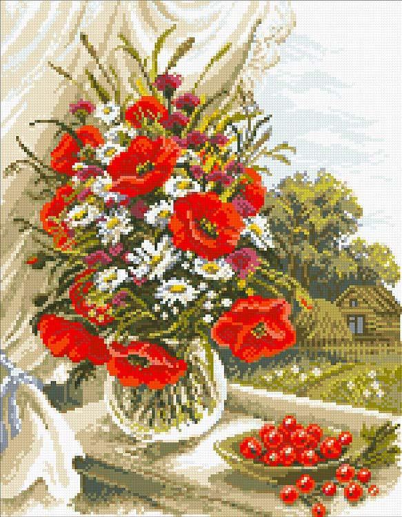 

Алмазная вышивка Паутинка Маки на окне, 35x45 см, Маки на окне