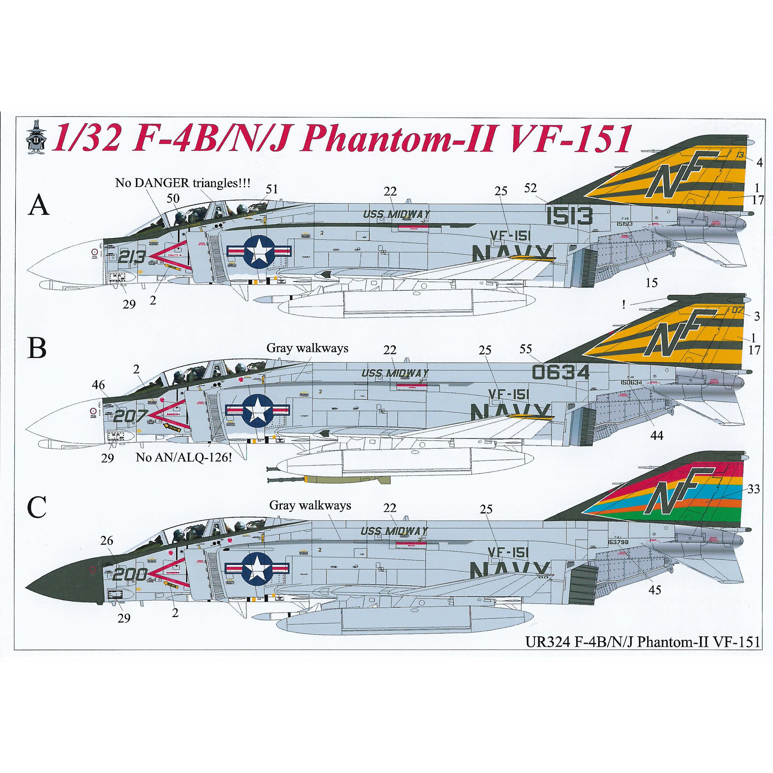 Декали UpRise 1/32 для F-4J Phantom-II VF-151, без тех. надписей UR324