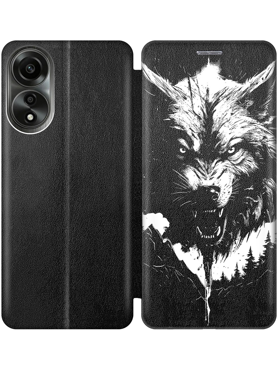 

Чехол-книжка на Oppo A78 4G с принтом "Волк и горы" черный, Черный;белый, 782629413