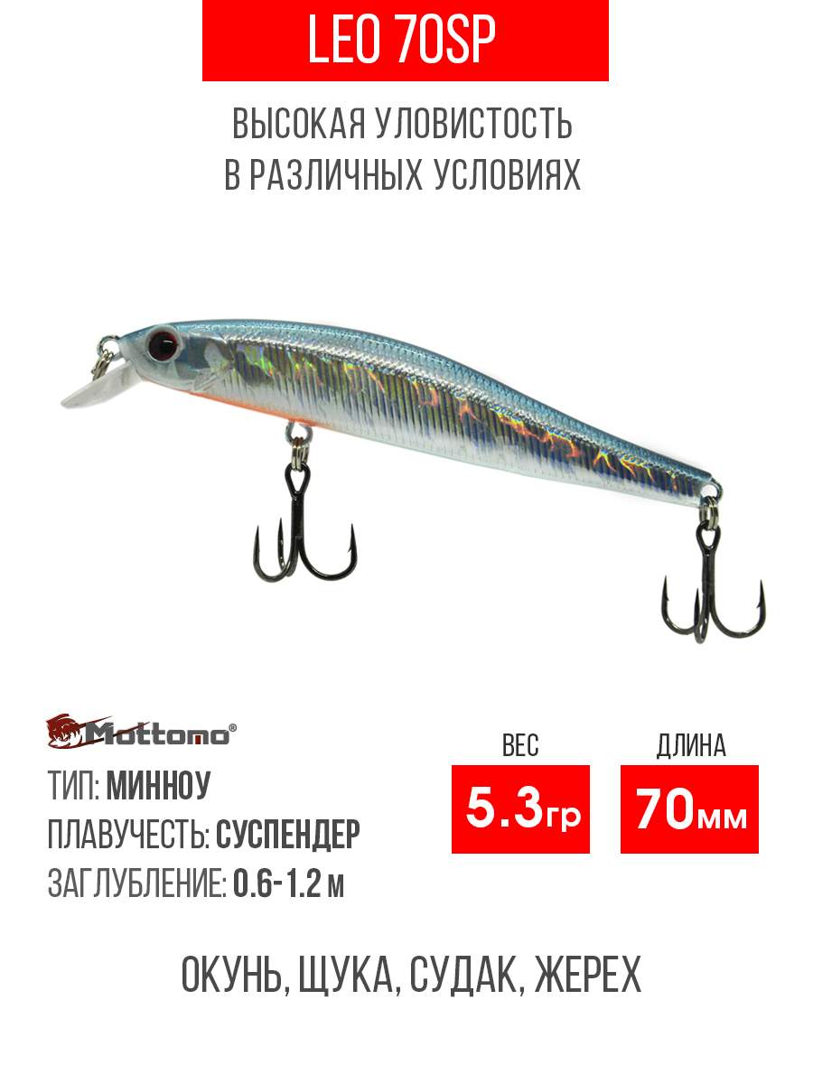 

Воблер Mottomo Leo 70SP 5,3g Silver Minnow, Разноцветный, Leo