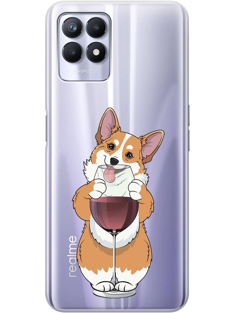 

Силиконовый чехол на Realme 8i с принтом "Корги и бокал" прозрачный, Прозрачный;белый;бордовый, 735001061