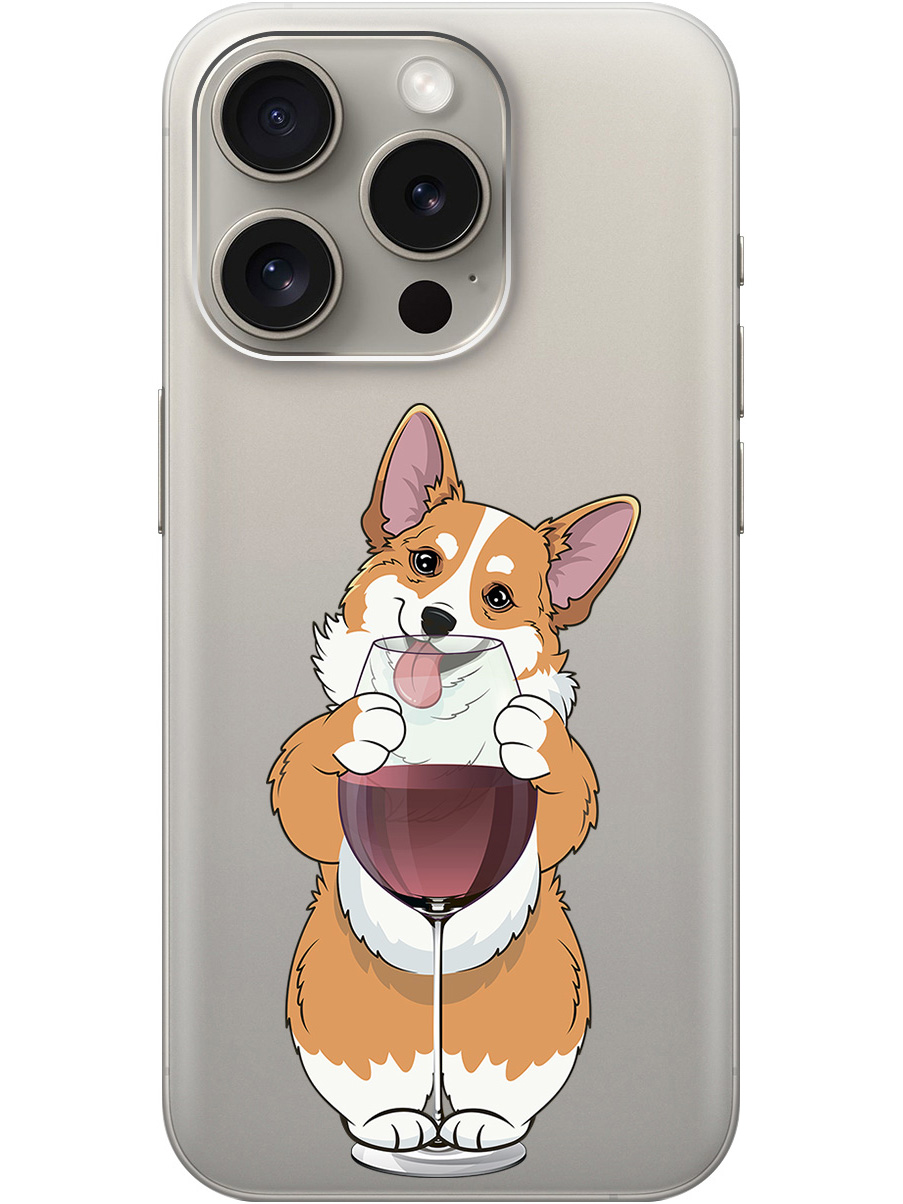 

Силиконовый чехол на Apple iPhone 15 Pro с принтом "Корги и бокал" прозрачный, Прозрачный;белый;бордовый, 775148061