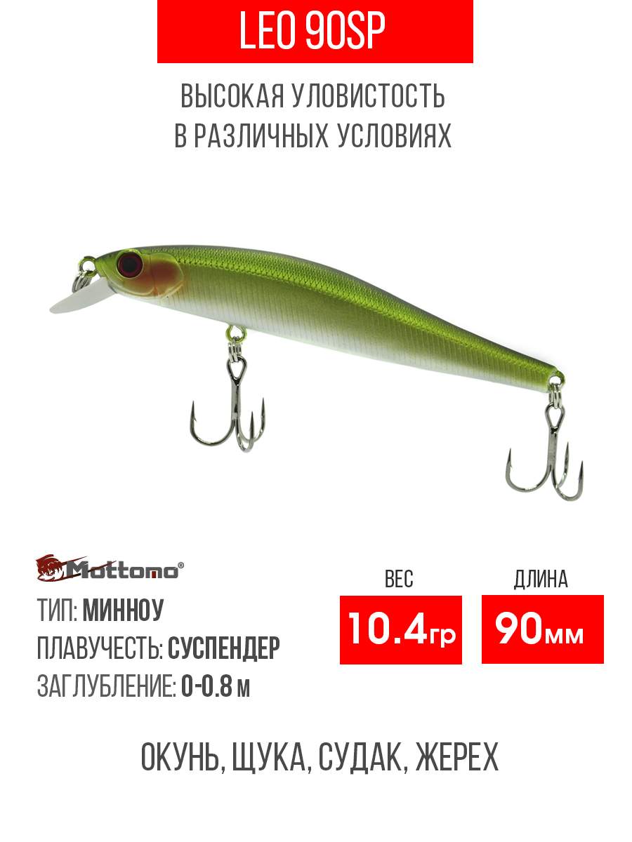 

Воблер Mottomo Leo 90SP 10,4g Light Green, Разноцветный, Leo