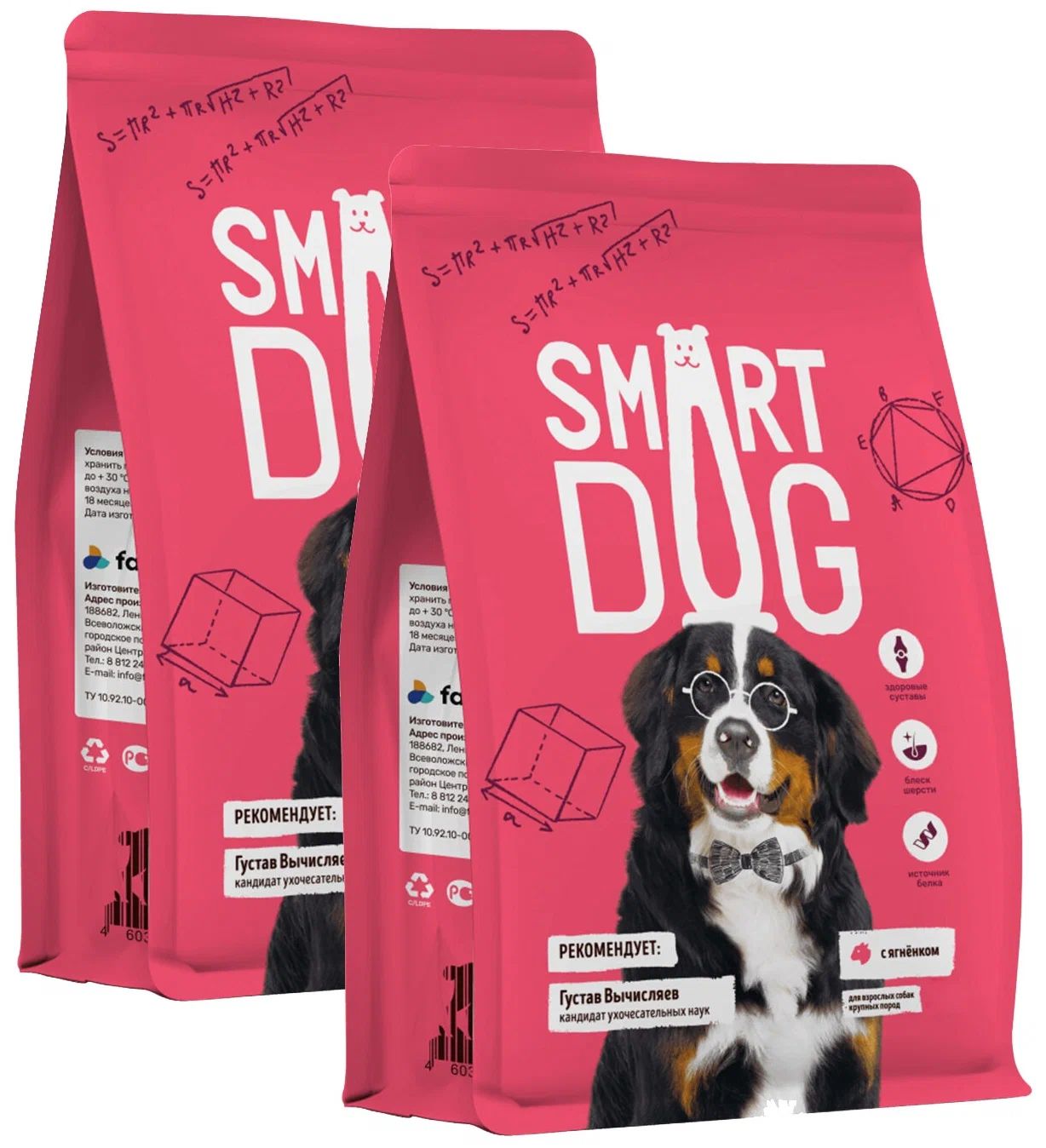 

Сухой корм для собак Smart Dog, для крупных пород, ягненок, 2шт по 12кг