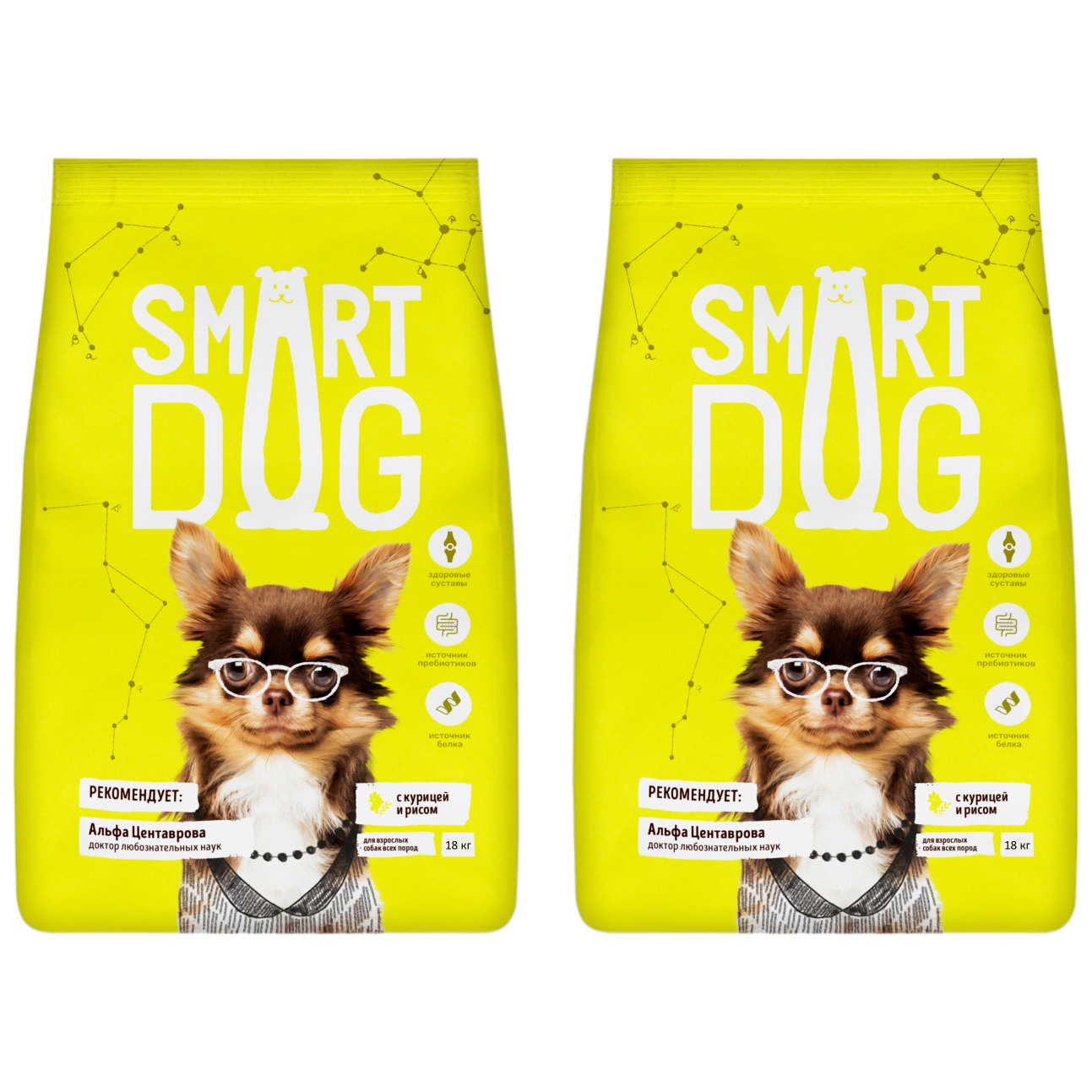 

Сухой корм для собак Smart Dog с курицей и рисом, 2 шт по 18 кг