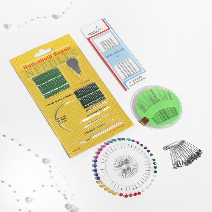 

Портновский набор: булавки 50 шт, иглы 47 шт, нитевдеватель, цвет МИКС