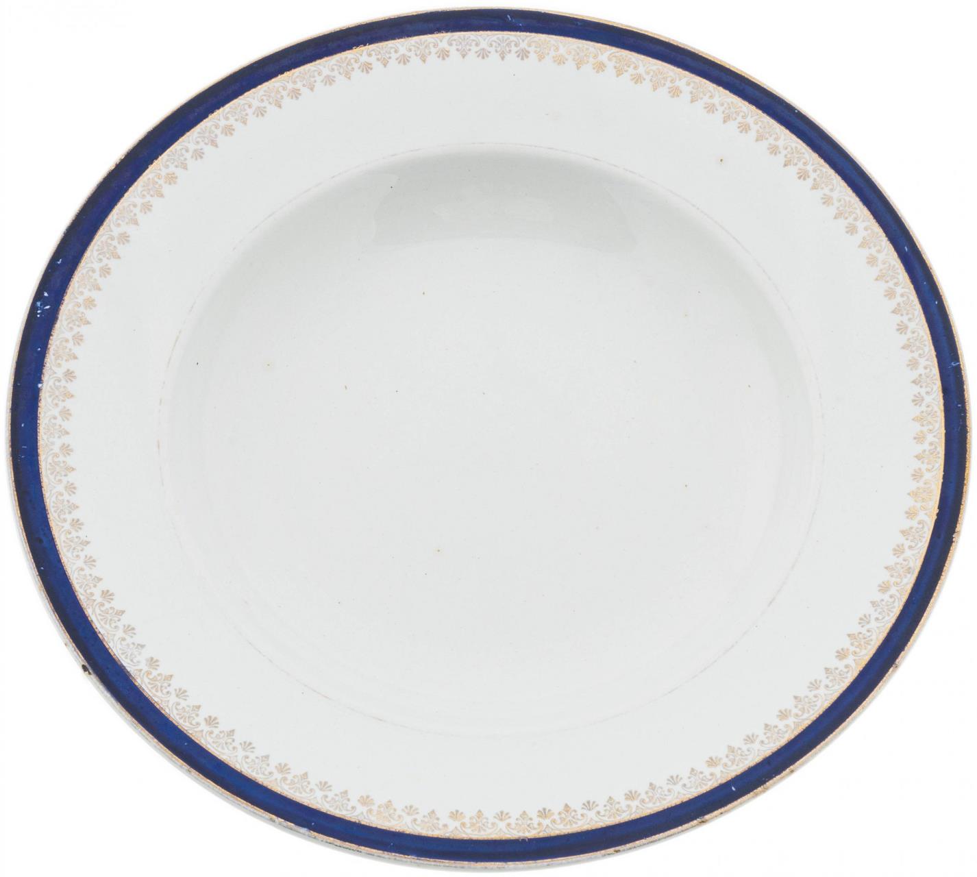 фото Обеденная тарелка с золоченым орнаментом по борту фаянс роспись ссср 1920-1930 гг. raritetus