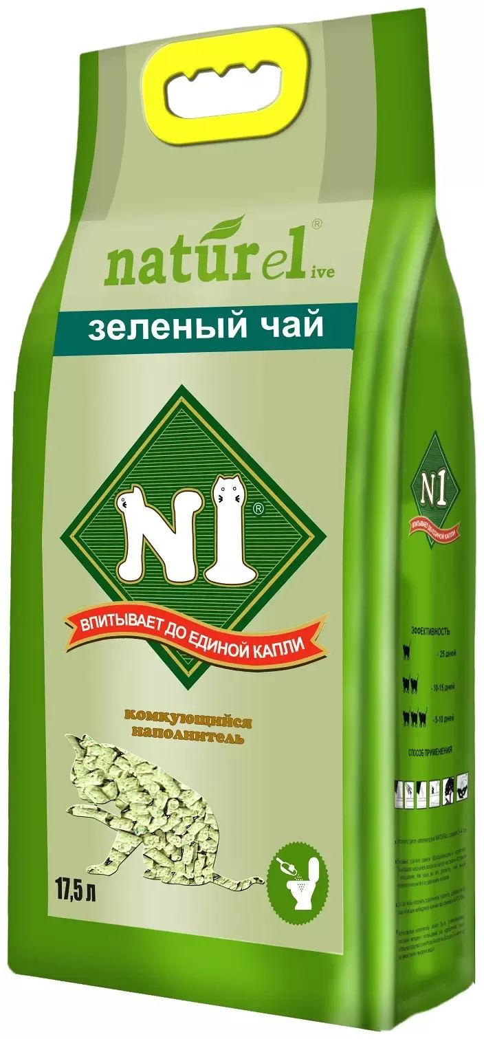 Комкующийся наполнитель N1 Naturel древесный, зеленый чай, 2 шт по 17,5 л