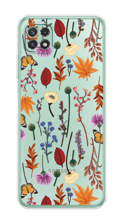 

Чехол на Samsung Galaxy A22s 5G "Orange Purple flowers", Оранжевый;красный;розовый;желтый;прозрачный, 2104250-1