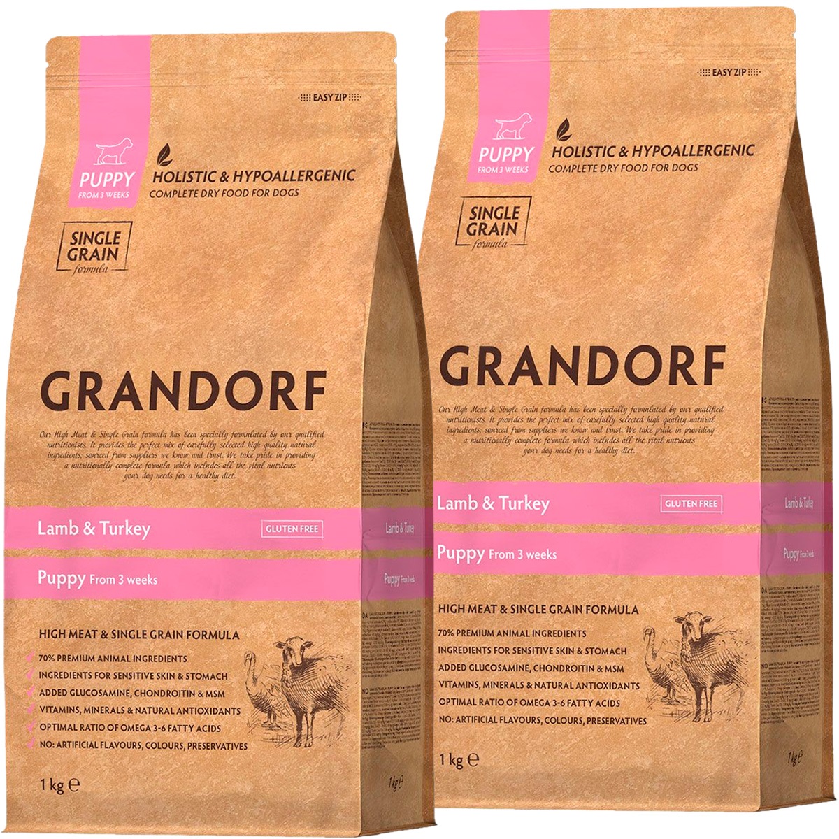 

Сухой корм для щенков Grandorf, низкозерновой с ягненком и рисом, 2шт по 1кг