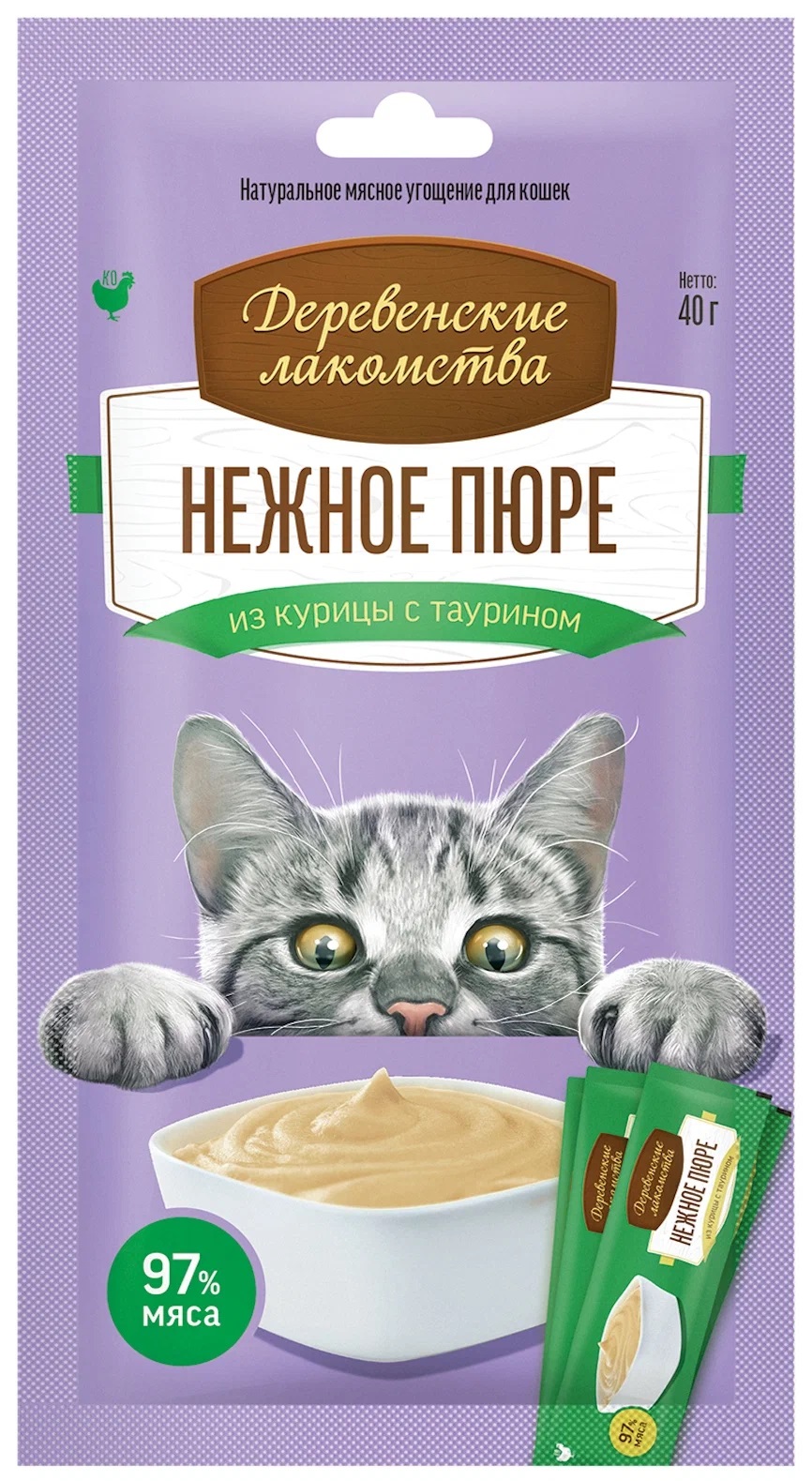 

Лакомство для кошек Деревенские лакомства Нежное пюре из курицы с таурином, 40 г, 2 шт