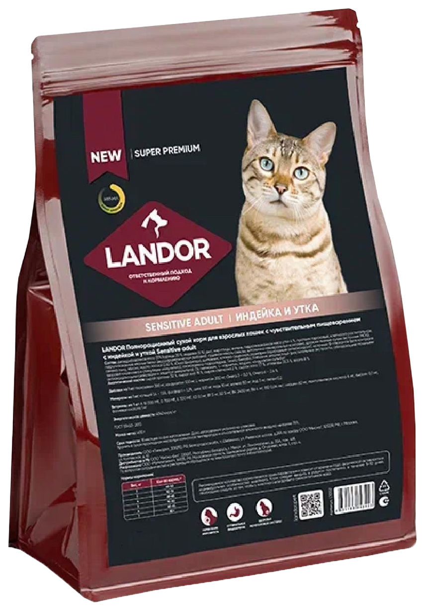 Сухой корм для кошек Landor Adult Sensitive чувствительное пищеварение индейка и утка 2 кг