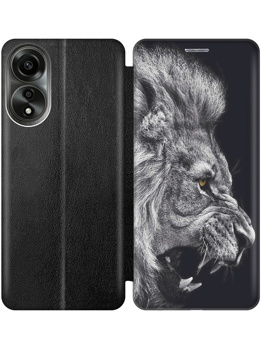 

Чехол-книжка на Oppo A78 4G с принтом "Морда льва" черный, Черный;серый, 782629413