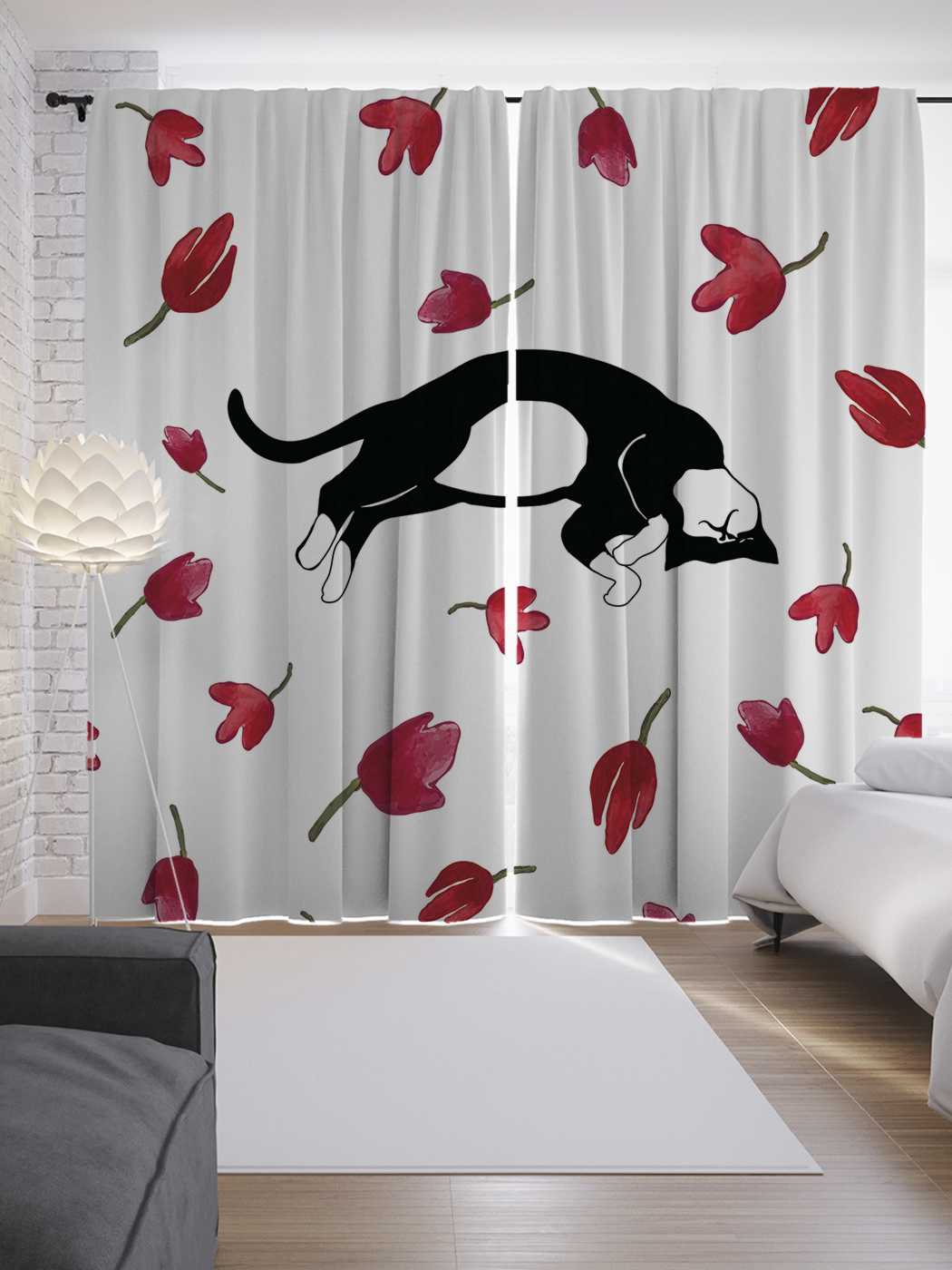 фото Шторы joyarty с фотопечатью "кот в маках" из сатена, 290х265 см