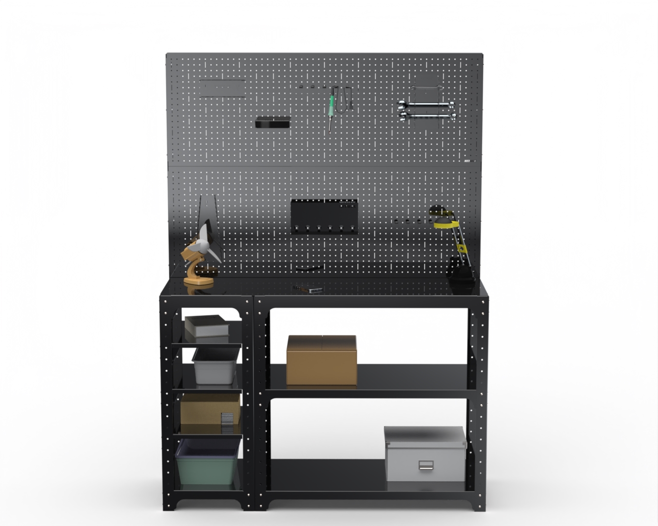 

Стол-верстак Metalex 205522 KIT 950х1000х600 с бок.полками, двумя панелями, черный